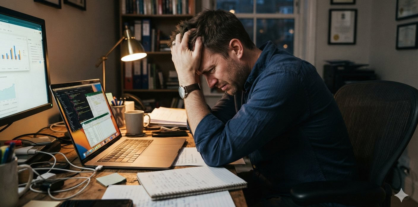Frustrated man at work desk, suffering from ADHD and stress